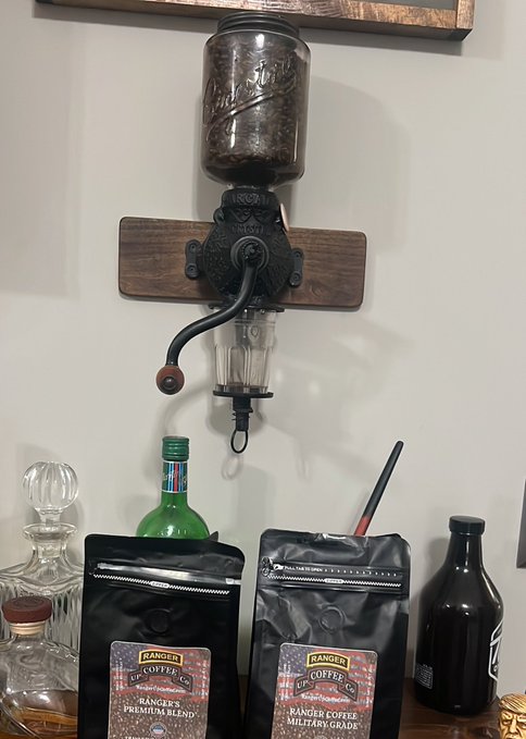 Old Coffee Grinder and Ranger Up Coffee bags
